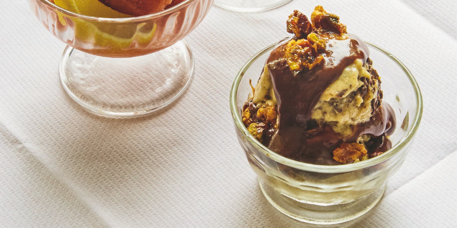 Roasted banana ice cream with choc fudge sauce