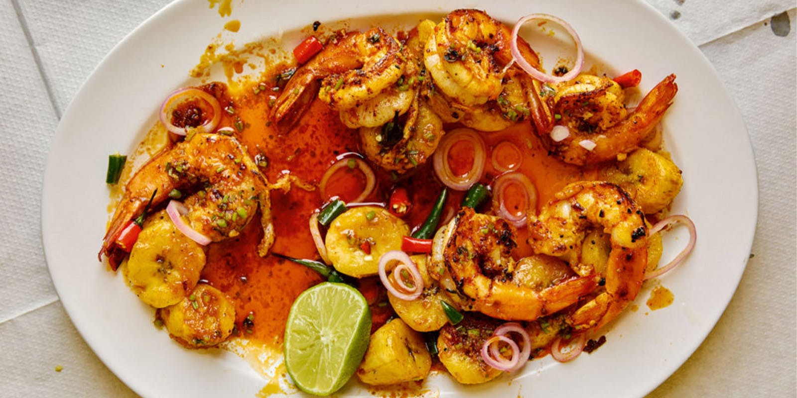 Tropical Prawns with Plantain and Pickled Shallots